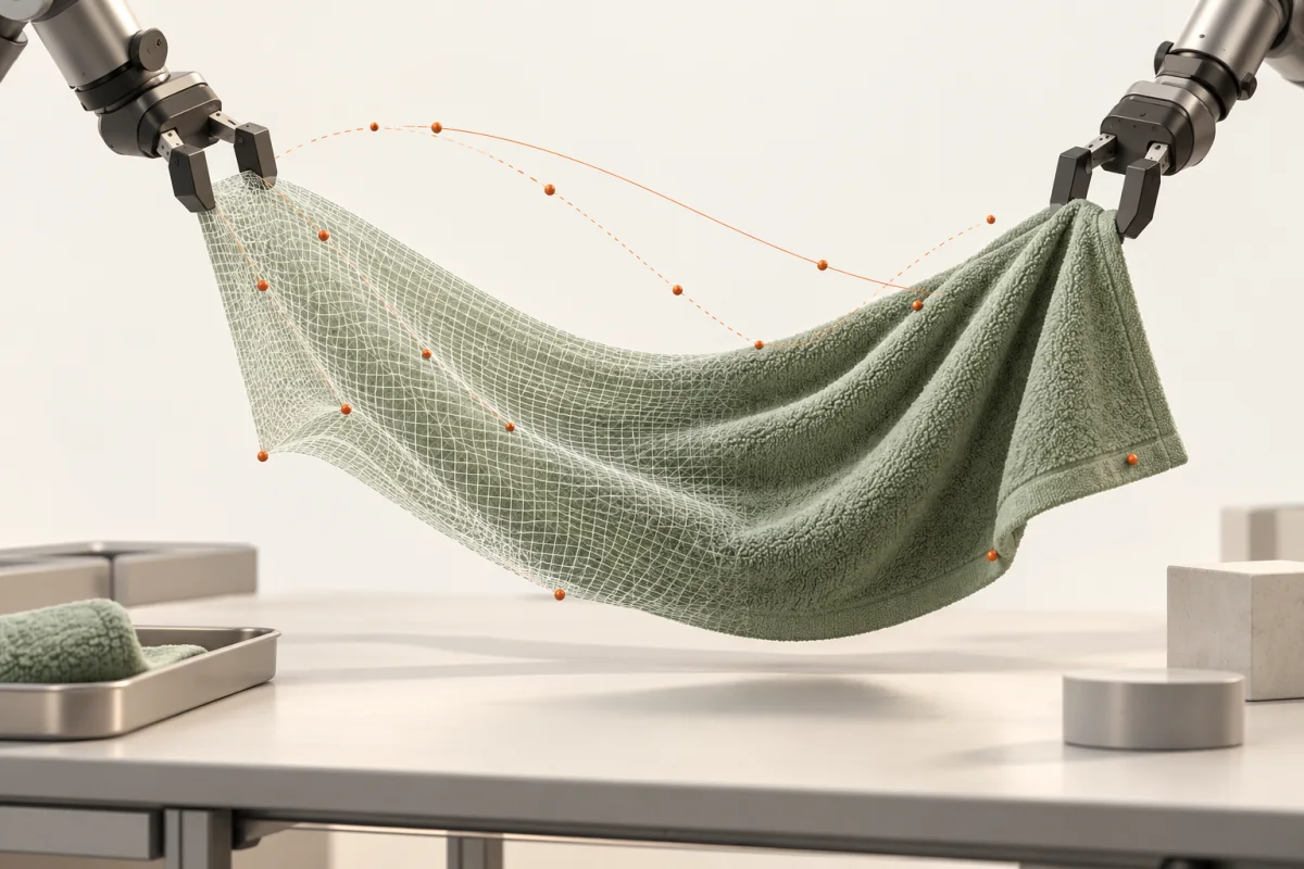 Concept illustration of a towel transitioning from a simulation mesh to woven fabric between two grippers.
