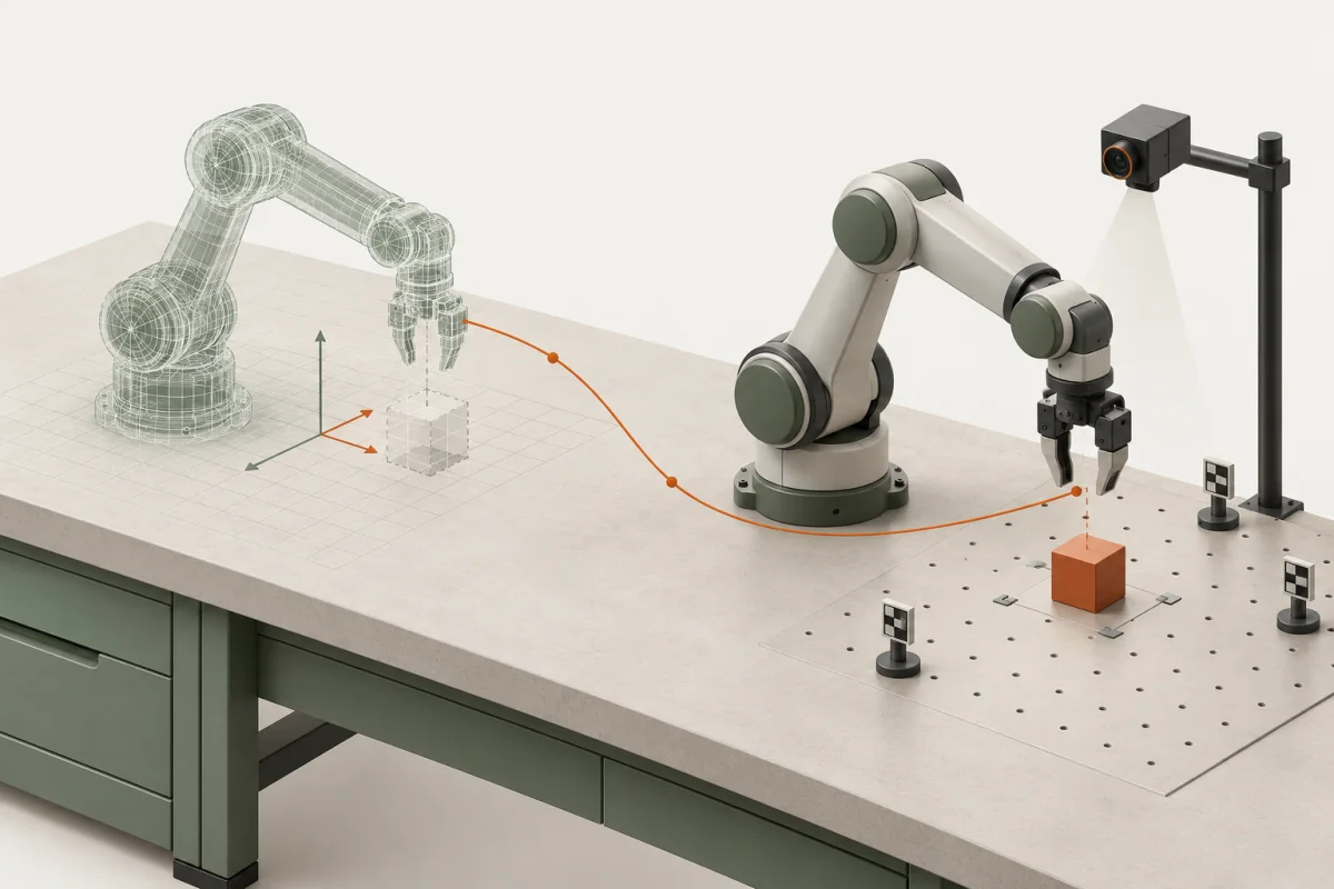 Concept illustration of a wireframe robot arm beside its solid counterpart, a cube and an observation camera.